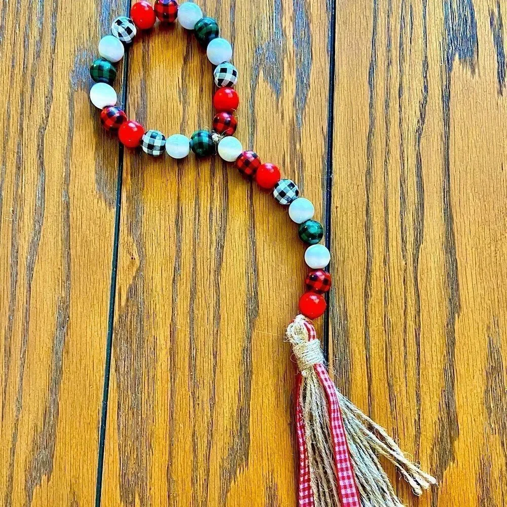 NEW Wood Bead Garland with Plaid Tassels